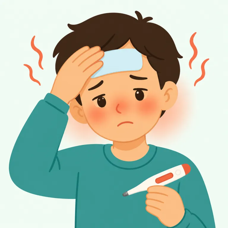 i have a fever（熱がある）の覚え方イラスト — 体調不良の申告は「I have + 症状」の型でまとめて覚えると定着しやすいです