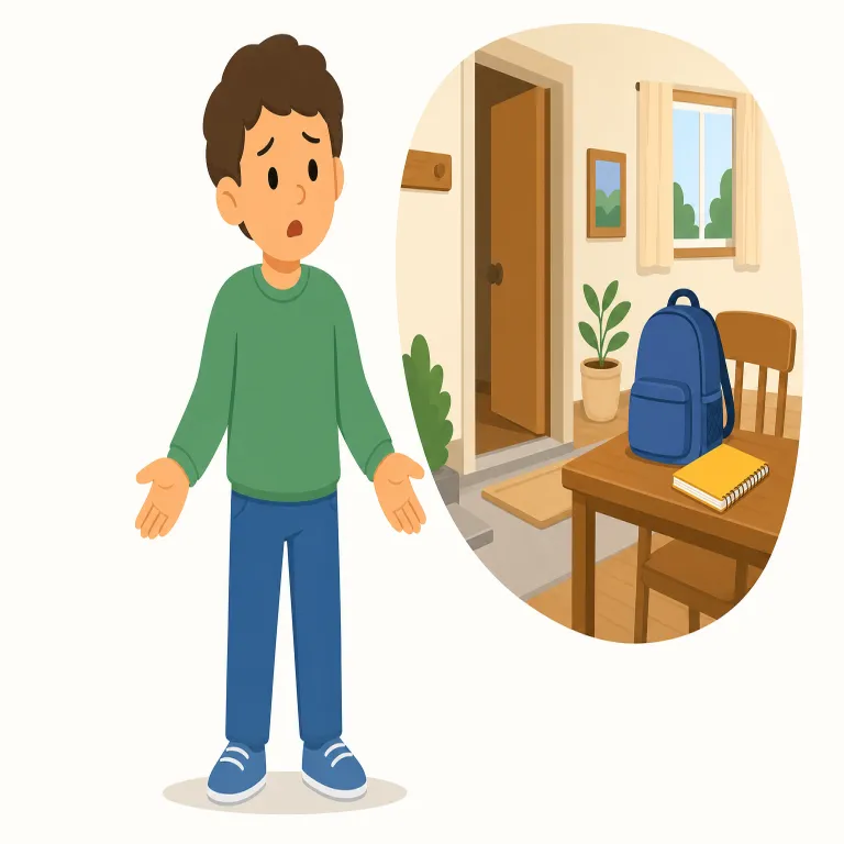i left it at home（家に置いてきた）の覚え方イラスト — まず型で覚えると定着しやすい表現です