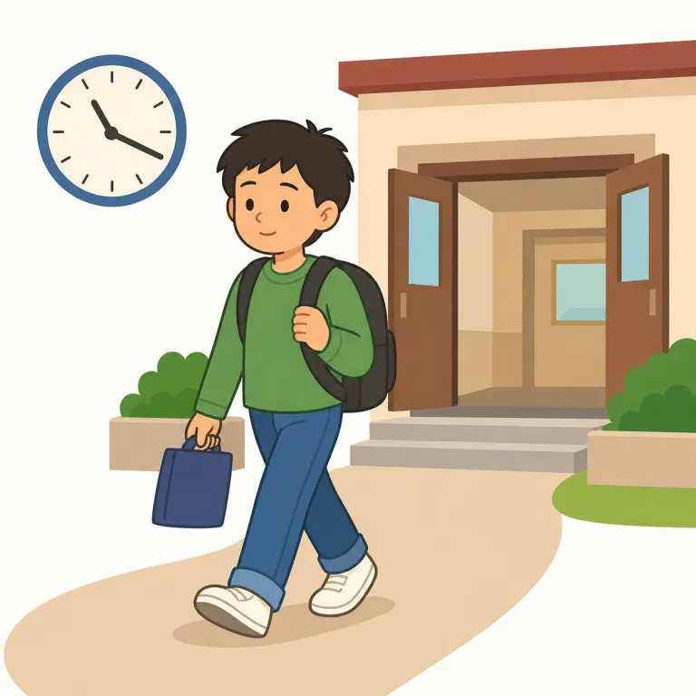 i left school early（学校を早退しました）の覚え方イラスト — left は leave の過去形で、「その場を離れた」と具体的に出ていく動きを表します