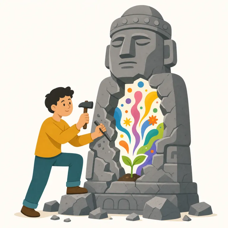 iconoclastic（因習打破の・形容詞）の覚え方イラスト — iconoclastic は icon「象徴・偶像」+ -clast「壊す者」+ -ic「〜の」と分けると見通しがよくなります