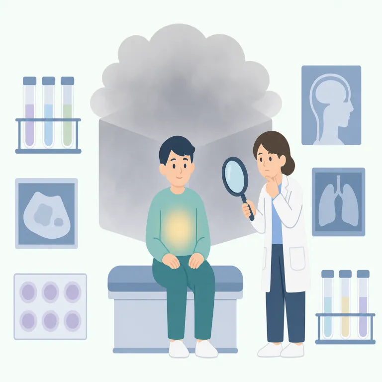 idiopathic（原因不明の・形容詞）の覚え方イラスト — idiopathic は pathology「病理学」の path「病気・苦しみ」と結びつけると覚えやすい語です
