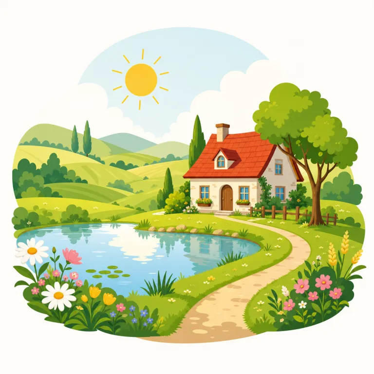 idyllic（牧歌的な・形容詞）の覚え方イラスト — ideal に綴りも響きも少し近いので、「理想のように穏やかで美しい情景」を結び付けると覚えやすい語です