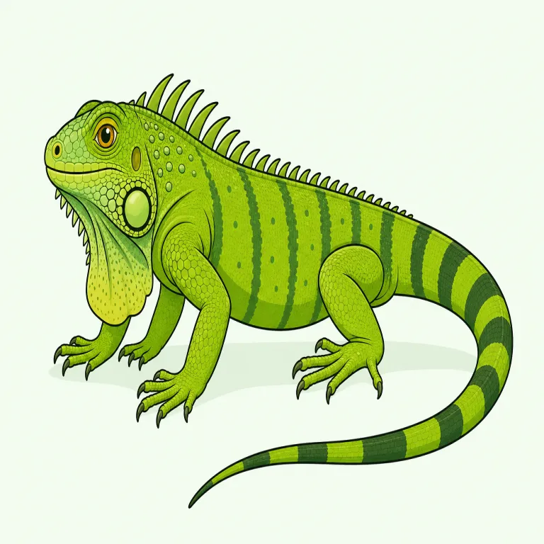 iguana（イグアナ・名詞）の覚え方イラスト — まず「iguana = イグアナ」は発音がほぼそのまま対応するので、音と意味を直結させるのが最短です