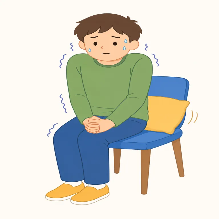 ill at ease（落ち着かない・イディオム）の覚え方イラスト — このエントリでは、ill at ease を「その場で自然に振る舞えず、そわそわして落ち着かない様子」として覚えます