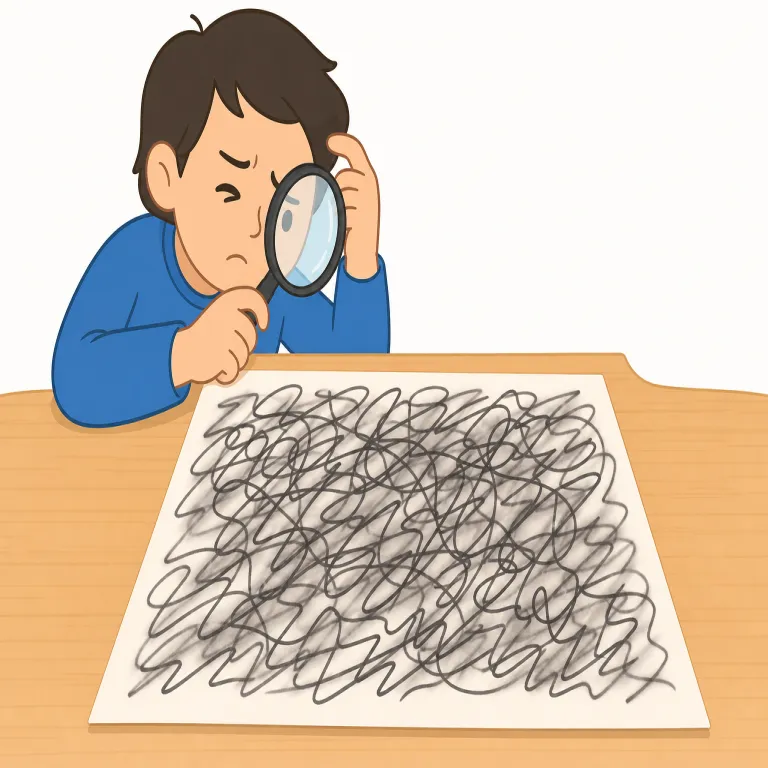 illegible（判読不能・形容詞）の覚え方イラスト — legible「読める」を知っていれば、先頭に否定の il- が付いた illegible はそのまま「読めない」と捉えやすいです