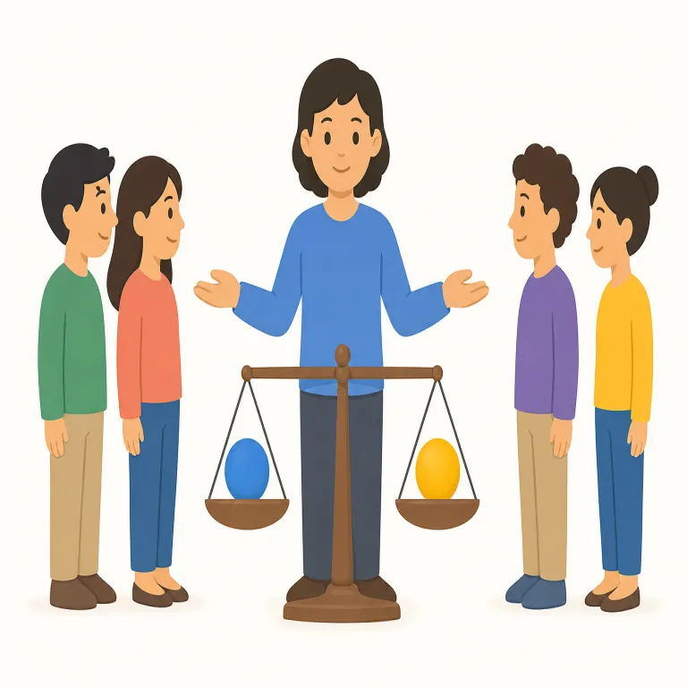 impartial（公平な・形容詞）の覚え方イラスト — impartial は partial「一方に肩入れする、偏った」に否定の im- が付いた語と考えると覚えやすいです