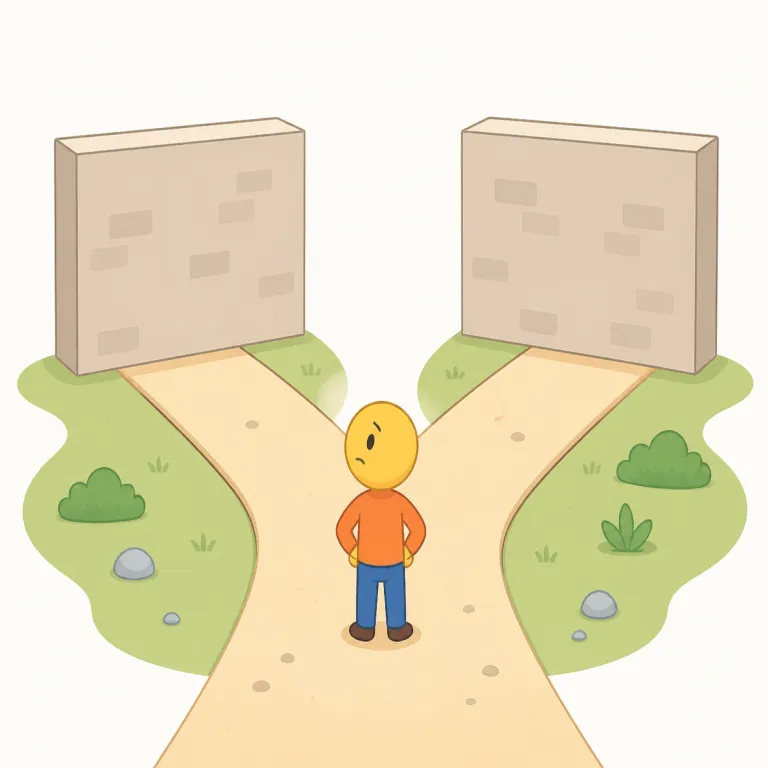 impasse（行き詰まり・名詞）の覚え方イラスト — pass（通る）や passage（通路）を知っていれば、impasse は『通り道はあるのに前へ進めない状態』として記憶しやすい
