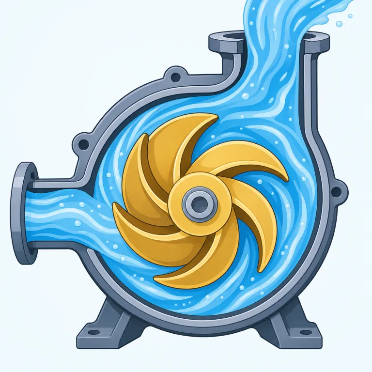 impeller（インペラ・名詞）の覚え方イラスト — この意味の impeller は、ポンプやタービンの中で回転して水や空気に勢いを与える「インペラ」を指します