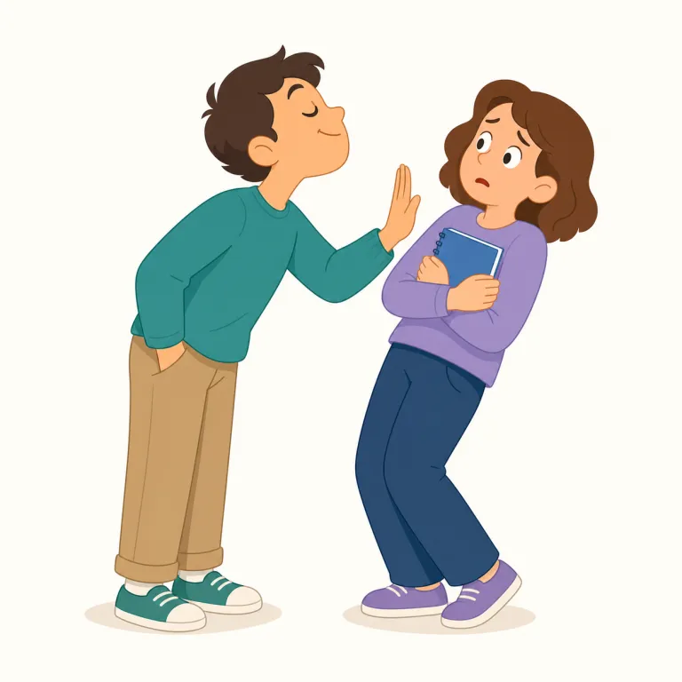 impertinent（失礼な、無礼な・形容詞）の覚え方イラスト — pertinent を「話にちゃんと関係していて、場に合っている」と押さえると、否定の im- が付いた impertinent は「関係ない・場に合わない」が出発点…