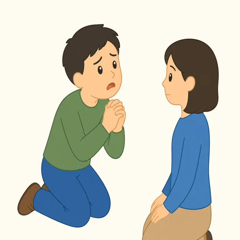 implore（懇願する・動詞）の覚え方イラスト — implore は ask や request では弱く、beg や plead に近いが、もっと切迫して『どうかそうしてほしい』と強く訴える語として覚えると残りやすいです