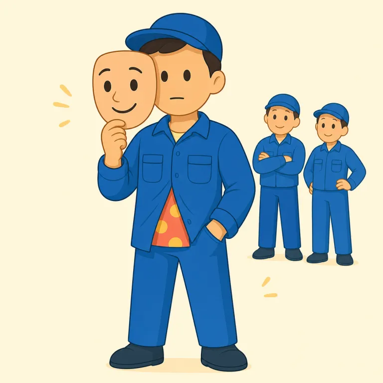 imposter（偽者、なりすまし・名詞）の覚え方イラスト — imposter は「本物のふりをする人」