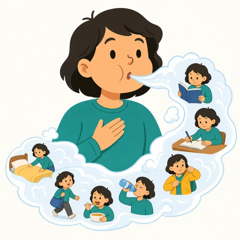 in a breath（一息で・イディオム）の覚え方イラスト — breath をまず「息」より「一回の呼吸ぶんの短い時間」としてつかむと覚えやすいです