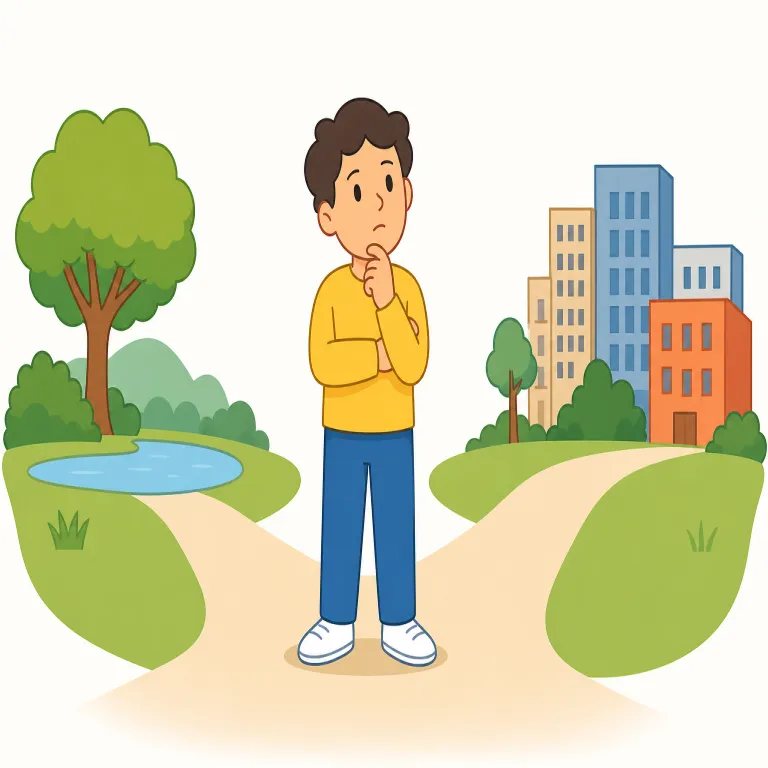 in doubt（迷って・イディオム）の覚え方イラスト — in は「中に」、doubt は「疑い・不確かさ」