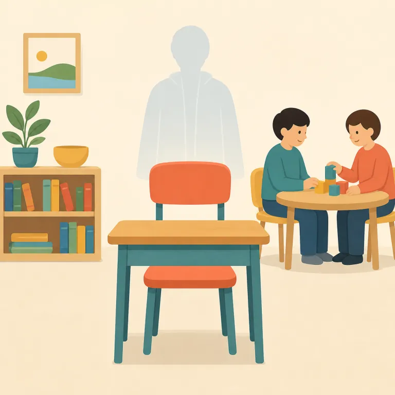 in one's absence（不在の間・イディオム）の覚え方イラスト — absence は absent と同じ核で、「その場にいない」状態