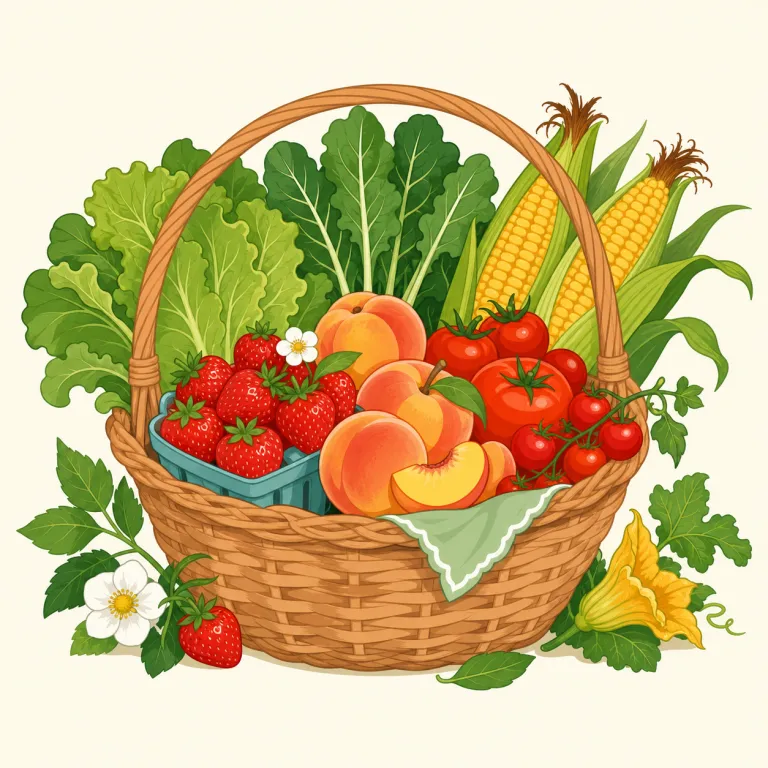 in season（旬の・イディオム）の覚え方イラスト — この in season は食べ物について使い、「その食材が自然に一番よく出回り、おいしい時期にある」という意味です