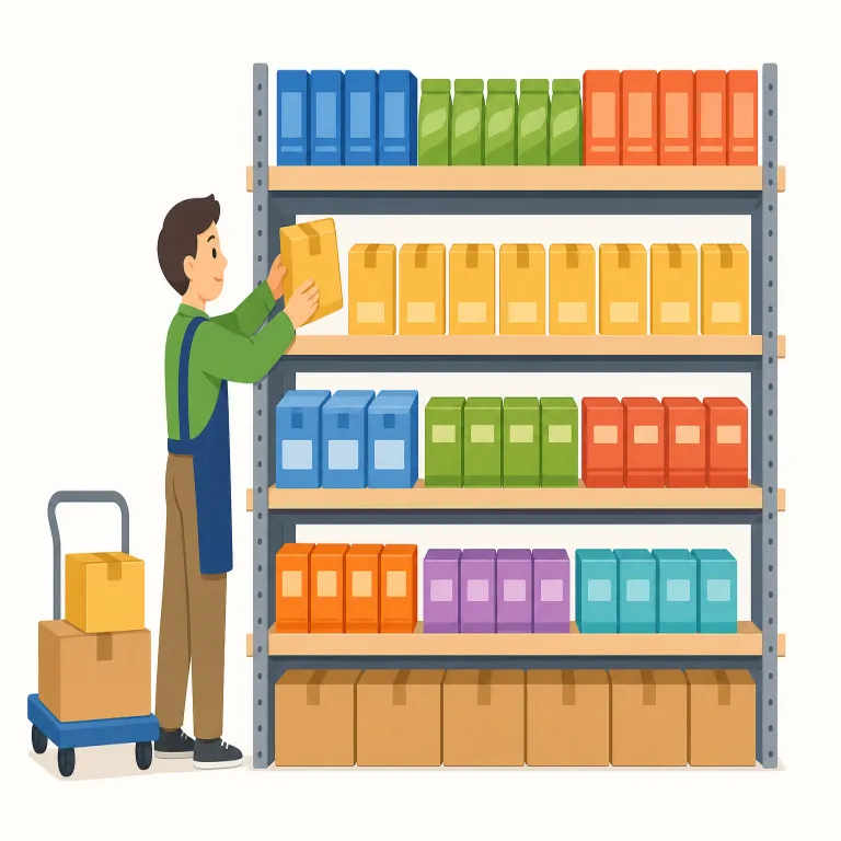 in stock（在庫あり・イディオム）の覚え方イラスト — stock を「店が抱えている在庫・持ち札」と捉えると覚えやすいです