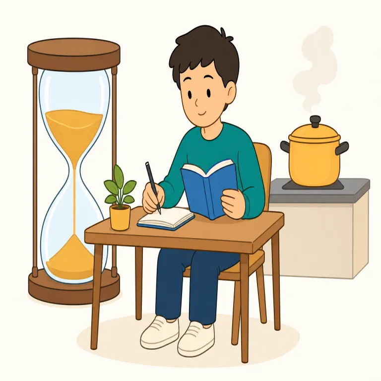 in the meantime（その間・イディオム）の覚え方イラスト — 「meantime」をひとかたまりで「中間の時間」と見て、二つの出来事A・Bのあいだにある一時的な時間を指す表現だと押さえると覚えやすいです