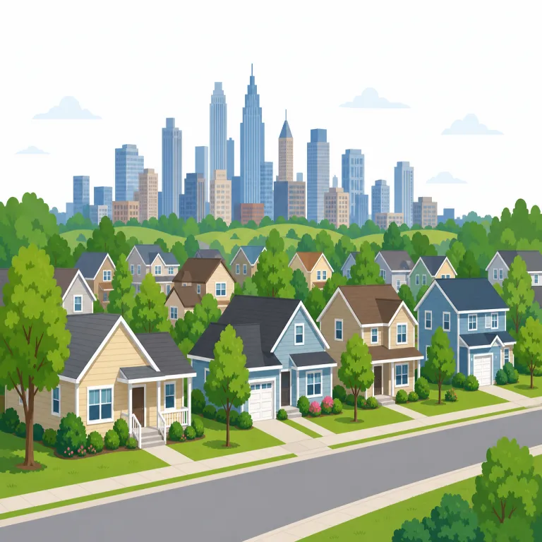 in the suburbs of（〜の郊外で、〜の近郊で）の覚え方イラスト — まず中心語は suburb