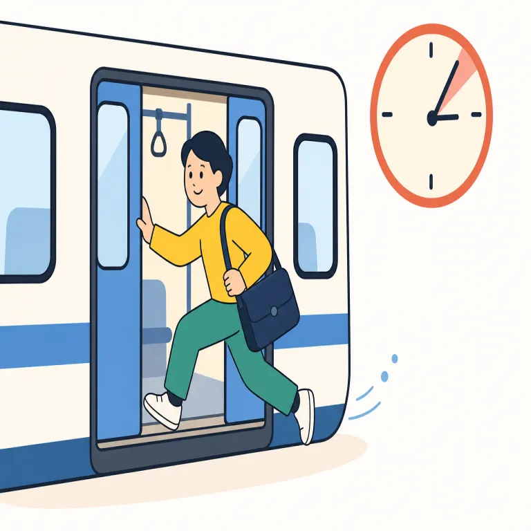 in time（間に合って・イディオム）の覚え方イラスト — in time の「間に合って」は、time を「制限時間」と見て、その枠の中に入る感覚で覚えるとよいです