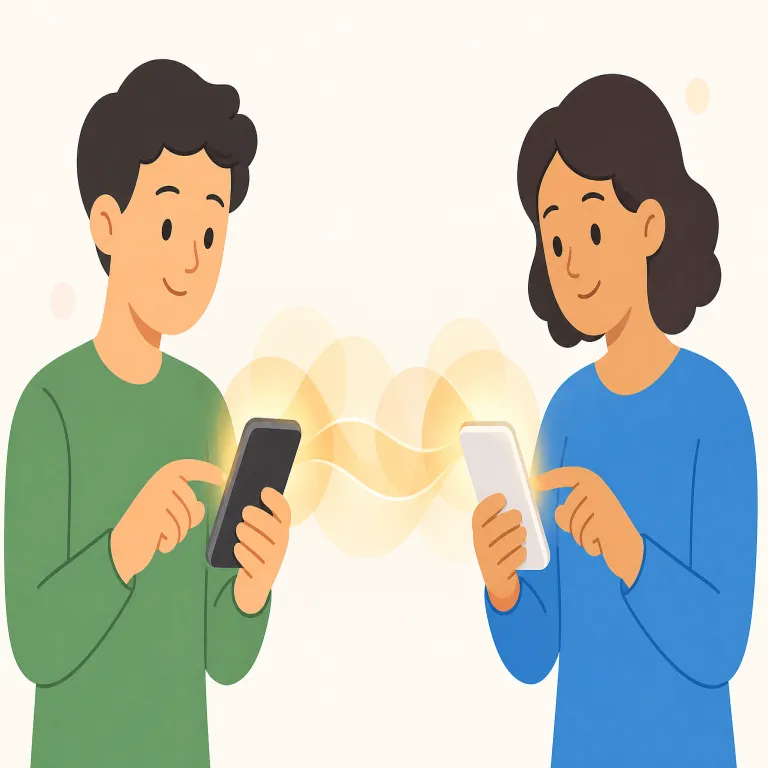 in touch（連絡を取っている・イディオム）の覚え方イラスト — この意味では、in touch は「相手とつながった状態にある」ことから「連絡を取っている」を表します