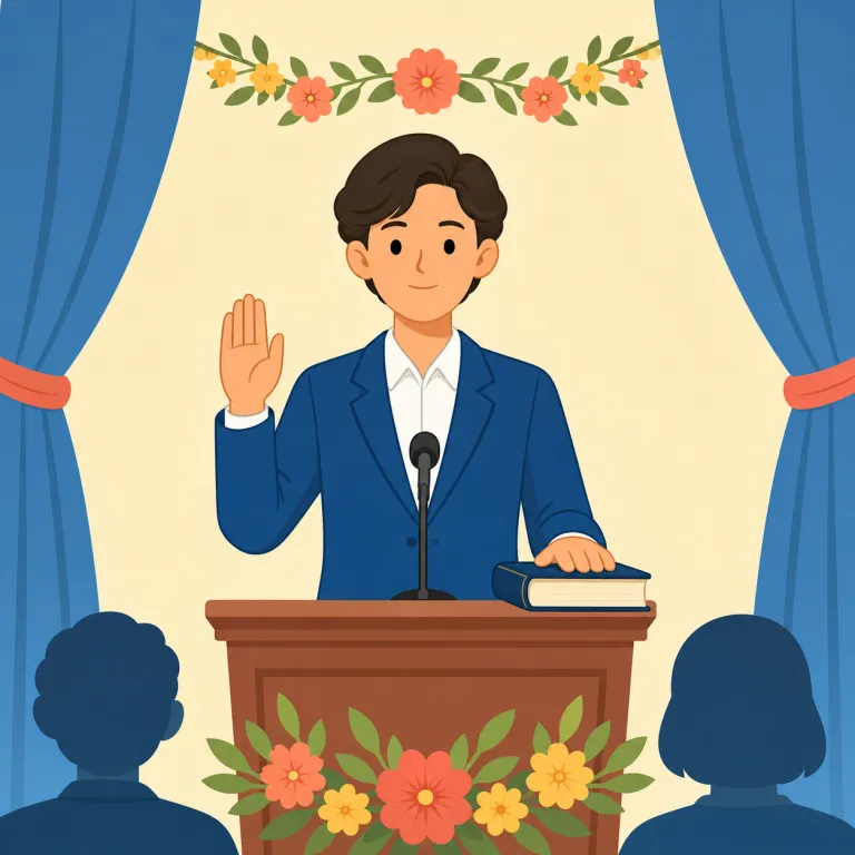 inaugural（初の・形容詞）の覚え方イラスト — inaugural は「何かが始まって最初、しかも公的で少し晴れやか」という場面ごと覚えると残りやすいです