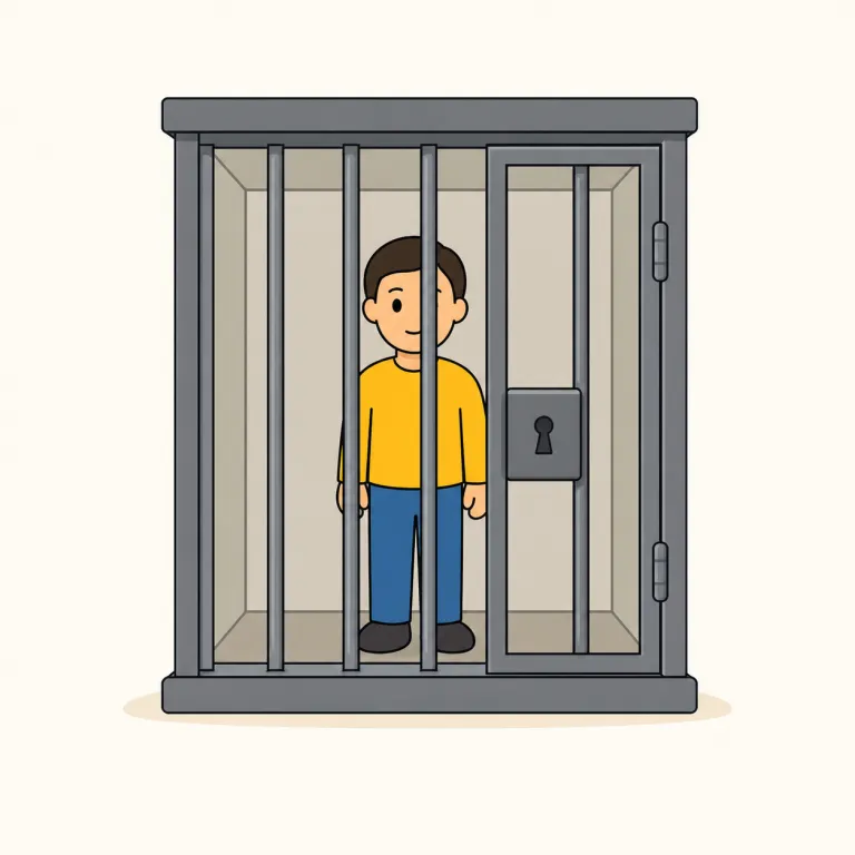 incarcerate（投獄する・動詞）の覚え方イラスト — このエントリでは incarcerate を、単なる「閉じ込める」ではなく、刑罰や司法手続きとして人を刑務所・拘置施設に入れる「投獄する」の意味で覚えます