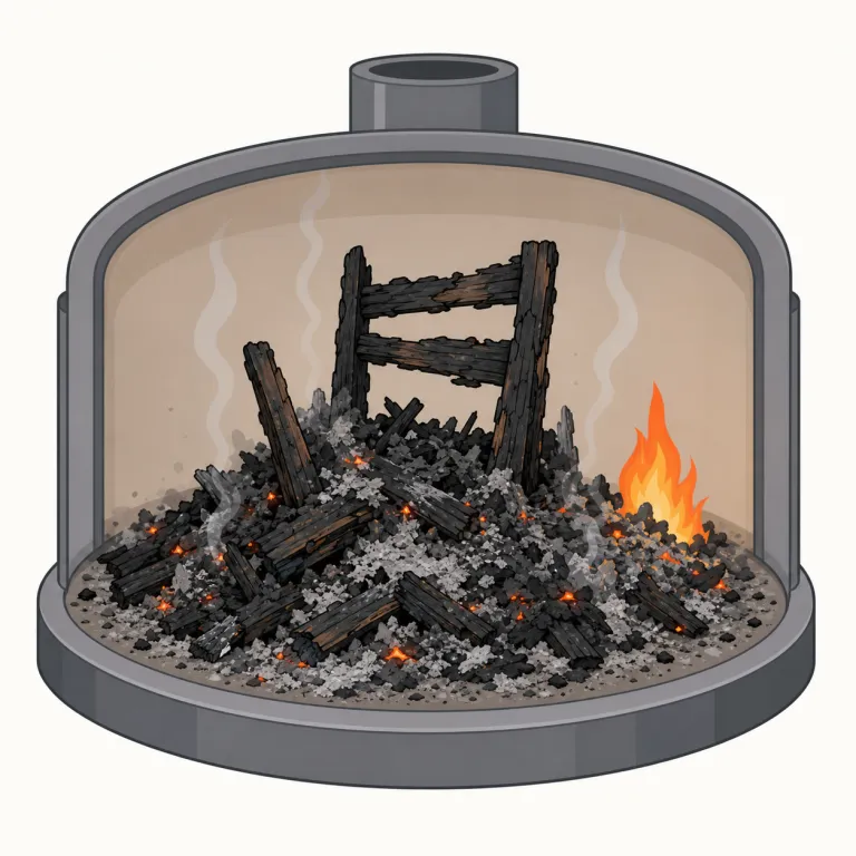 incinerated（焼却された・形容詞）の覚え方イラスト — まず burn よりずっと強く、「高温で完全に焼いて灰にした」状態だと押さえると残りやすいです