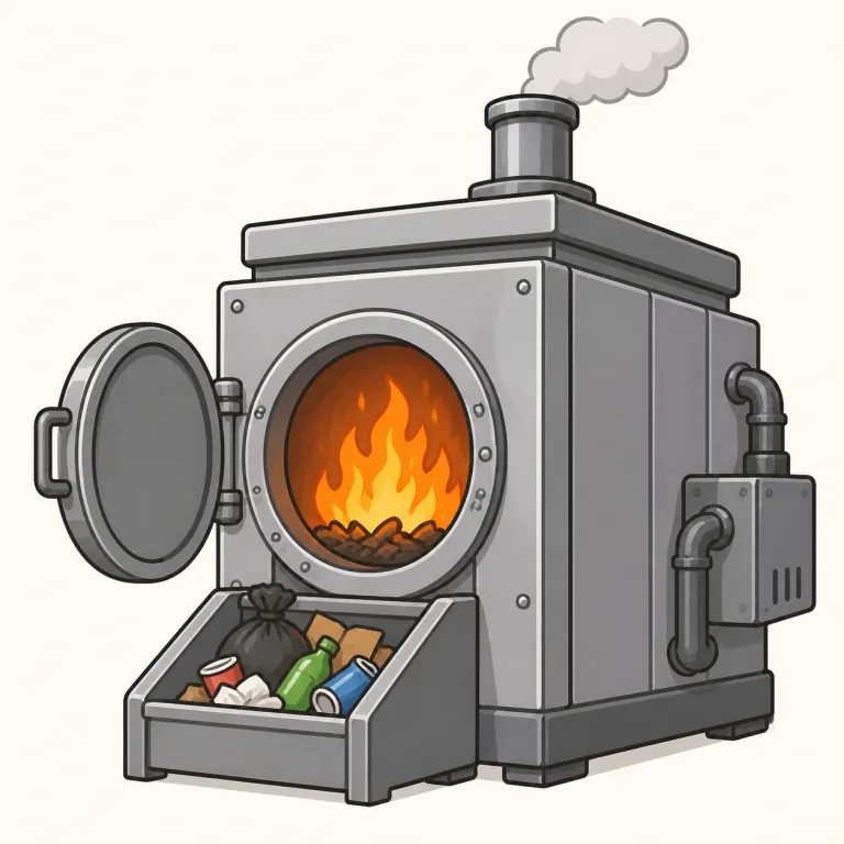 incinerator（焼却炉・名詞）の覚え方イラスト — incinerate（焼却する）を知っていれば、その「〜する機械・装置」版が incinerator