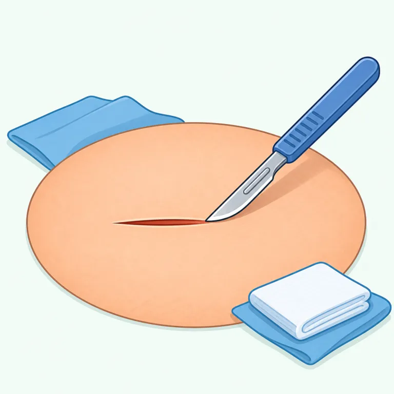 incision（切開・名詞）の覚え方イラスト — 医療文脈ではまず make an incision「切開を入れる」で覚えると定着しやすいです