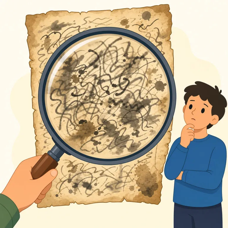 indecipherable（判読不能・形容詞）の覚え方イラスト — このエントリの indecipherable は、文字や筆跡、古い文書などが見えてはいるのに、形が崩れたり損傷したりして判読できない状態を表す用法です
