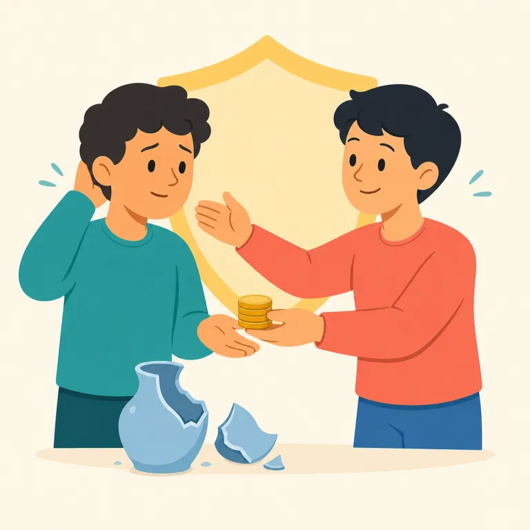 indemnify（補償する・動詞）の覚え方イラスト — まず damage / loss / liability と一緒に覚えると定着しやすい語です