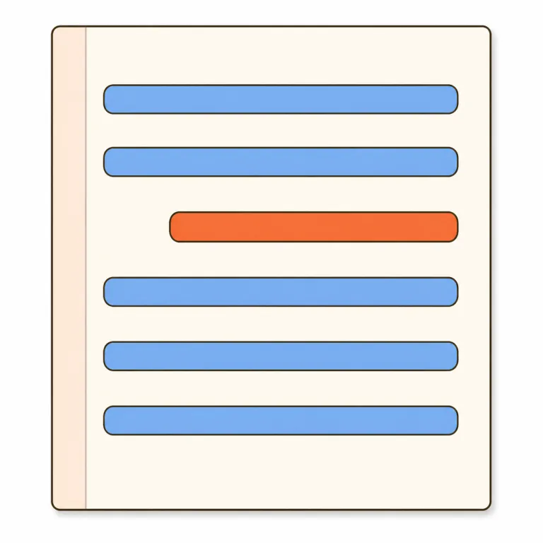 indented（インデントされた・形容詞）の覚え方イラスト — indented は、文章やコードの行が左端から一段内側に入って配置された状態を表します