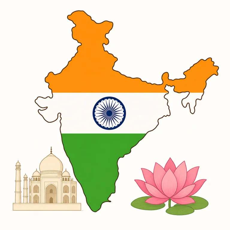 indian（インドの・形容詞）の覚え方イラスト — Indian は「India 関連のラベル」と考えると、Indian cinema, Indian English, Indian restaurant など幅広く使えます