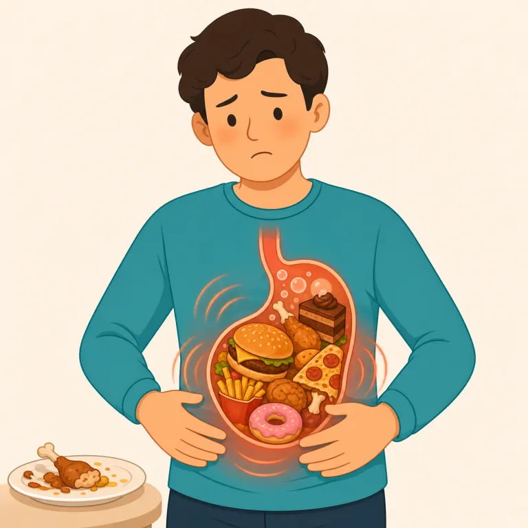 indigestion（消化不良・名詞）の覚え方イラスト — digest「消化する」を知っていれば、in- が付いて『うまく消化できない状態』とつながる