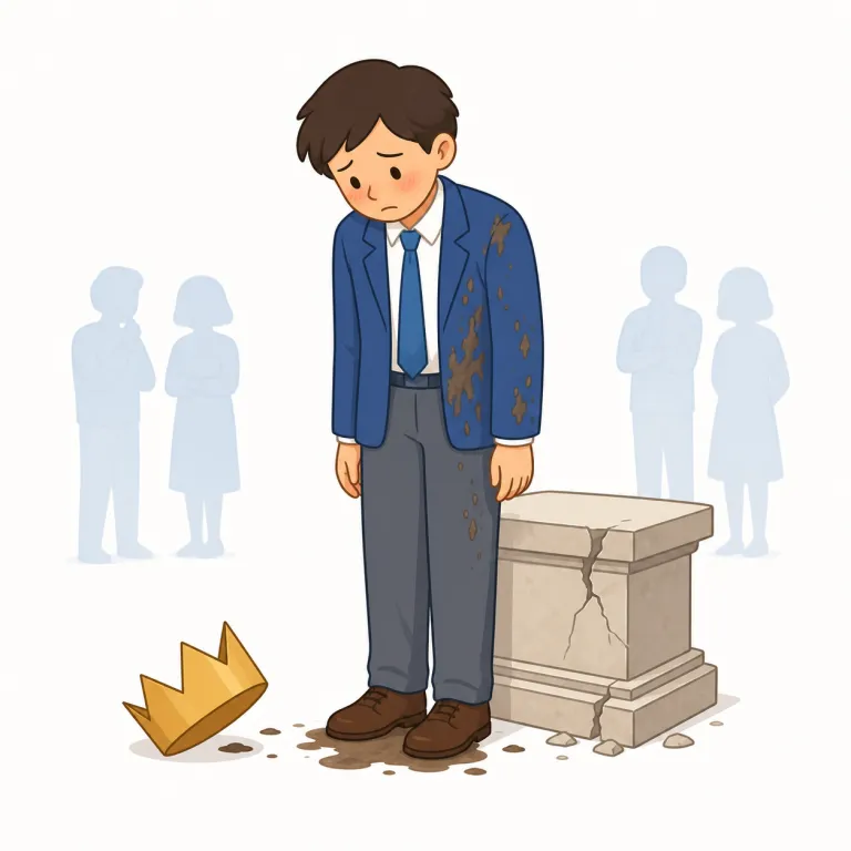indignity（屈辱・名詞）の覚え方イラスト — この「屈辱」は、単なる悪口としての indignity ではなく、尊厳を低く扱われて心に残る不名誉な経験を表すと考える