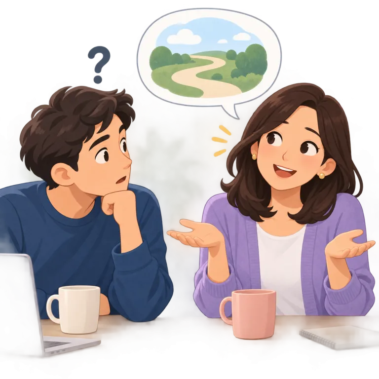 indirect（遠回しな・adjective）の覚え方イラスト