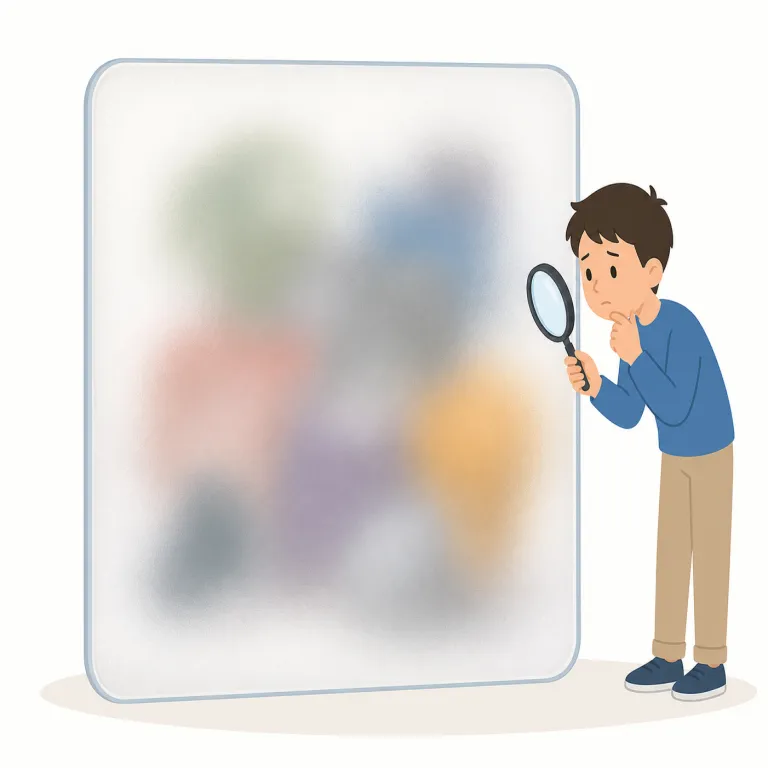 indiscernible（識別できない・形容詞）の覚え方イラスト — discern が「見分ける」、discernible が「見分けられる」