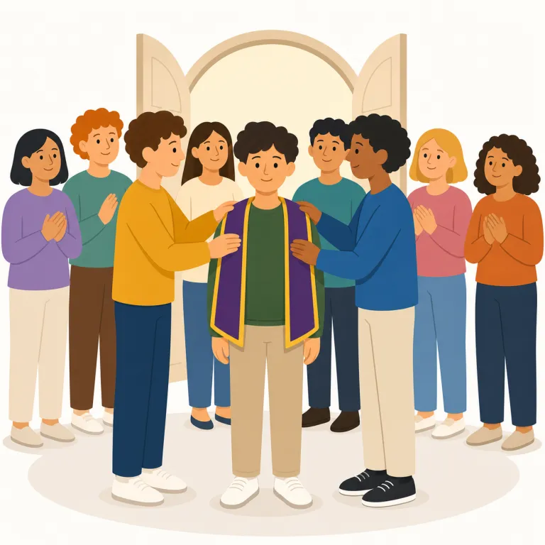 inducting（正式に迎え入れる、入会させる・動詞）の覚え方イラスト — inducting は、人を組織・会員制度・殿堂などの内側へ正式に迎え入れている場面で使います