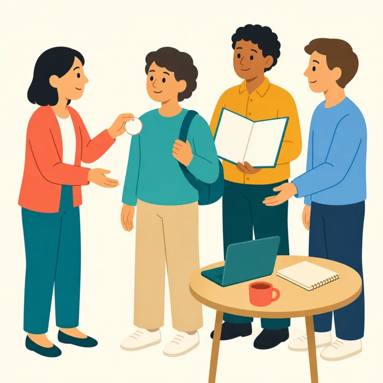 induction（就任・加入・導入教育・名詞）の覚え方イラスト — `induction` はまず「新しく中に入る人を正式に迎え入れる場面」に結びつけると覚えやすい語です