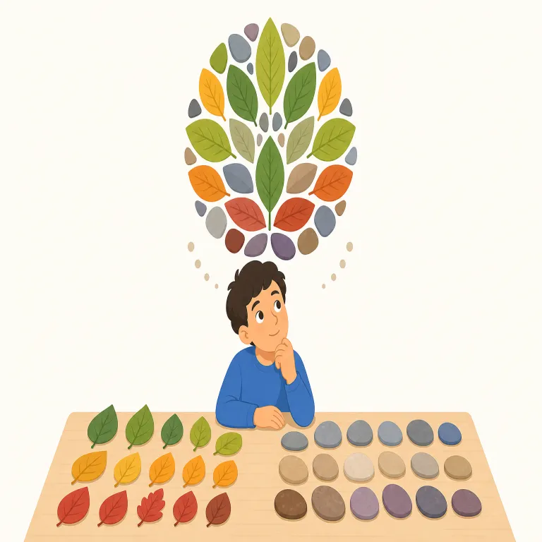 inductively（帰納的に・副詞）の覚え方イラスト — inductively は論理・研究方法の語で、「個別の例や観察から一般的な結論へ進む」ことを表します