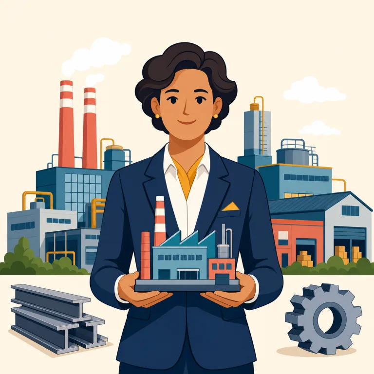 industrialist（実業家、産業資本家・名詞）の覚え方イラスト — industry（産業）→ industrial（産業の）→ industrialist（その世界の人）と段階でつなげると覚えやすいです