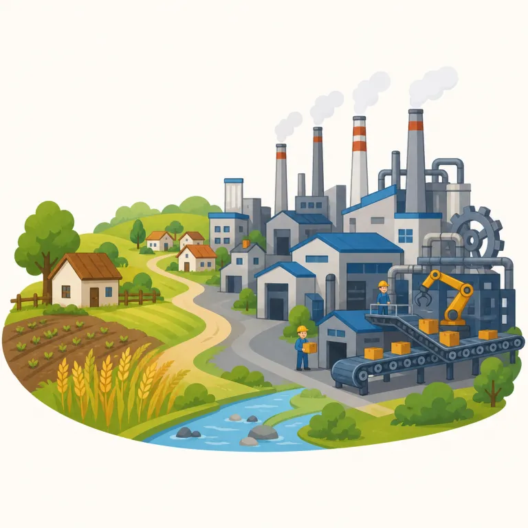 industrialize（工業化する・動詞）の覚え方イラスト — この語は industrial「工業の」に -ize「〜化する」が付いた形です