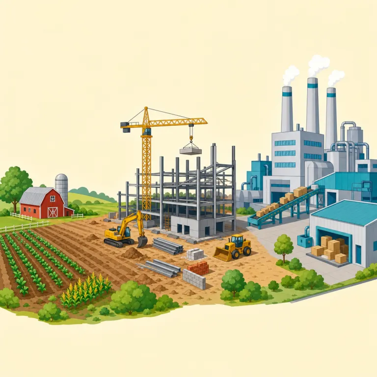 industrializing（工業化する・動詞）の覚え方イラスト — industrializing は industry→industrial→industrialize→industrializing と階段でつなぐと覚えやすい