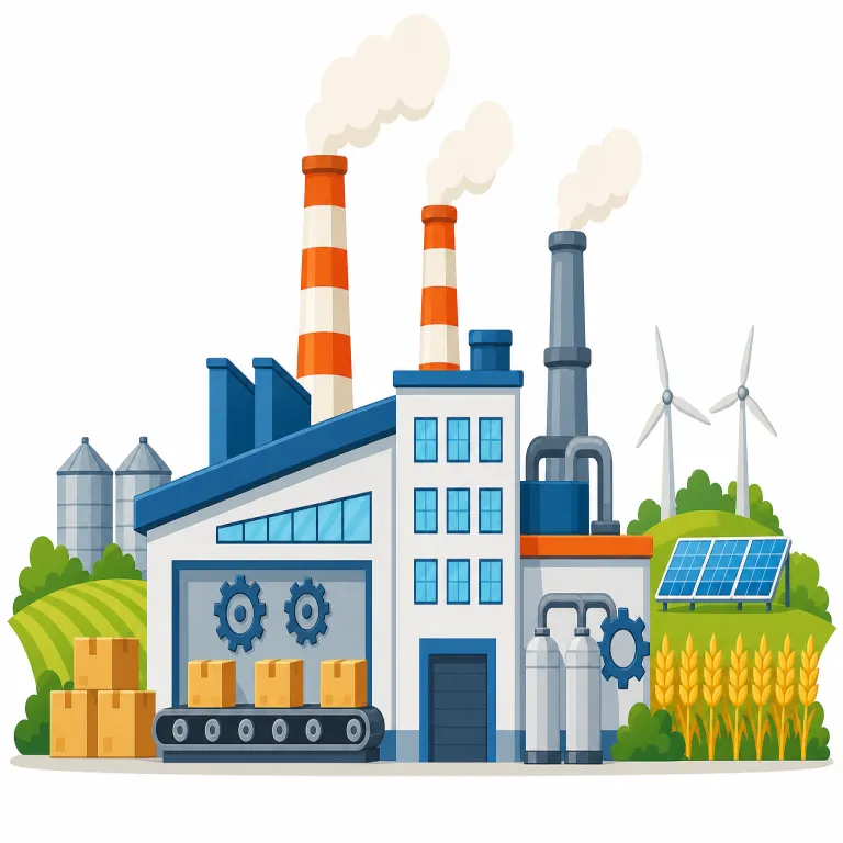industry（産業・名詞）の覚え方イラスト — industry の「産業」は、同じ種類の仕事や企業をひとまとまりに見た分野を表す意味として覚える