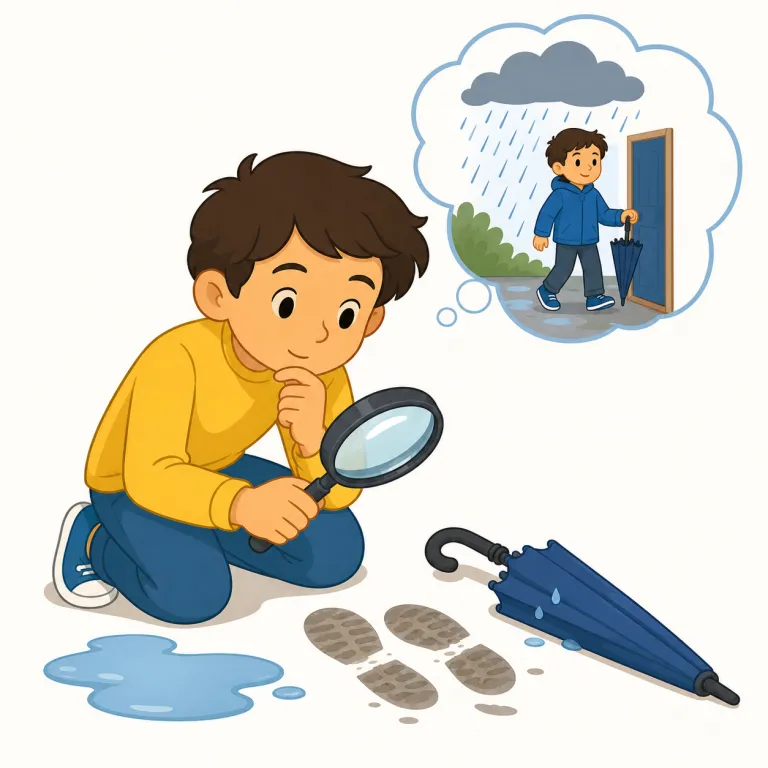 infer（推測する・動詞）の覚え方イラスト — infer は、文中のヒントや事実を見て「そこから結論を出す」語