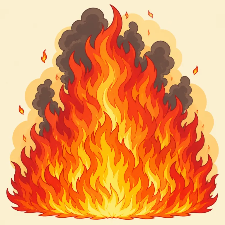 inferno（大火災、猛火・名詞）の覚え方イラスト — fire は普通の火、blaze は激しい炎、inferno まで行くと“地獄のように制御不能な大火災”という強さの段階で覚えると残りやすいです
