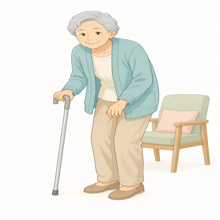 infirm（虚弱な・形容詞）の覚え方イラスト — firm「しっかりした・安定した」を知っていれば、in- が付いて「しっかりしていない」→ 体力や健康が弱っている、と取れる