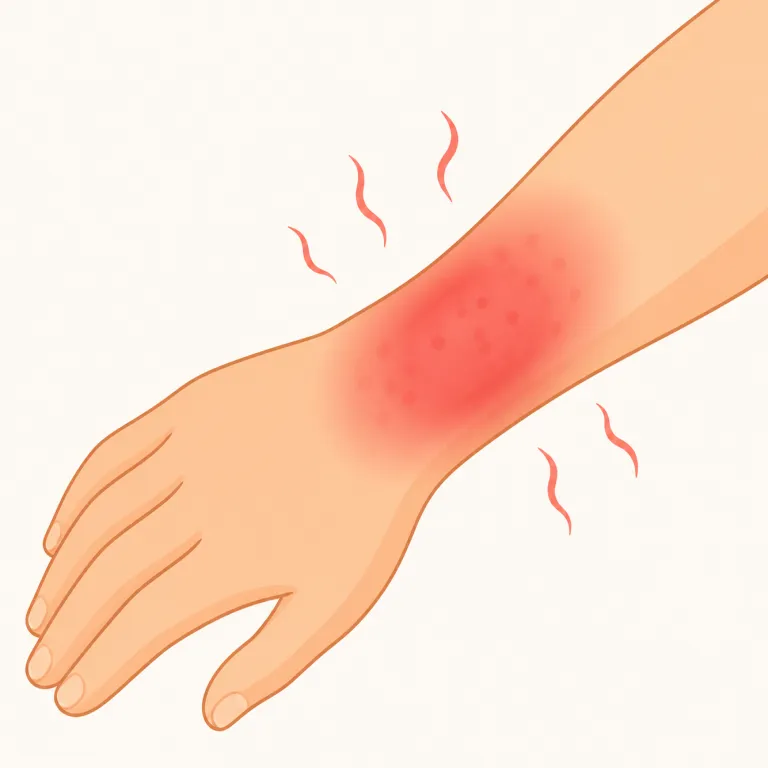 inflame（炎症を起こす・動詞）の覚え方イラスト — flame「炎」を核に、inflame は「体の中で火がつく」ように赤く熱を持って腫れる、と覚えると医学的な意味につながります
