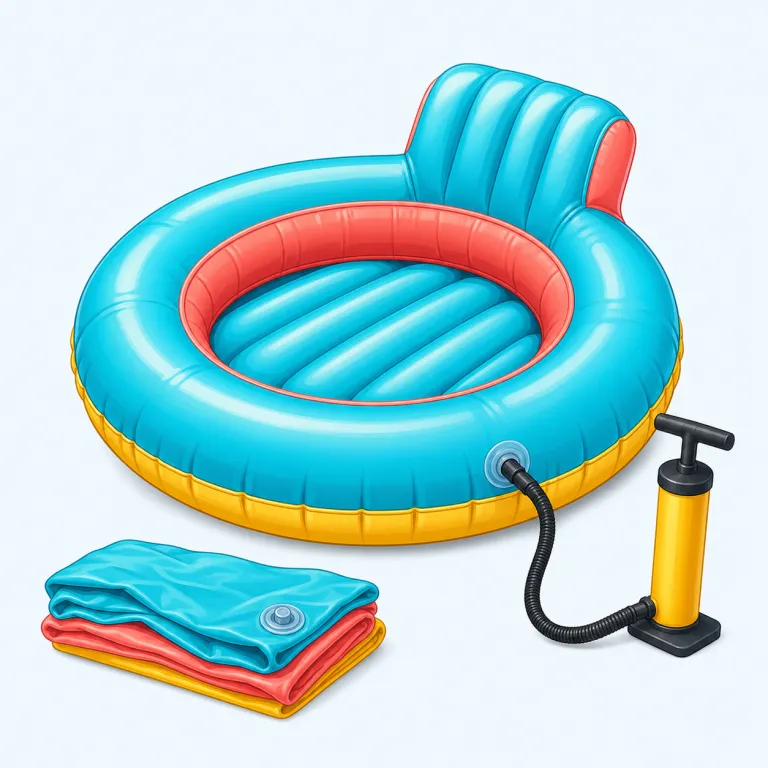 inflatable（膨らませる式の・形容詞）の覚え方イラスト — inflate（ふくらませる）に -able（できる）が付いて、「ふくらませて使える」と捉えると覚えやすい語です