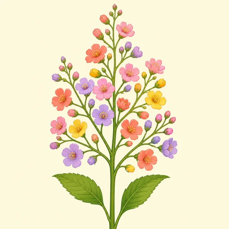 inflorescence（花序・名詞）の覚え方イラスト — floral・flora で見た flor-「花」の仲間だと結びつけつつ、flower が一輪の花を指しやすいのに対し、inflorescence は「花の集まり方全体」を見…